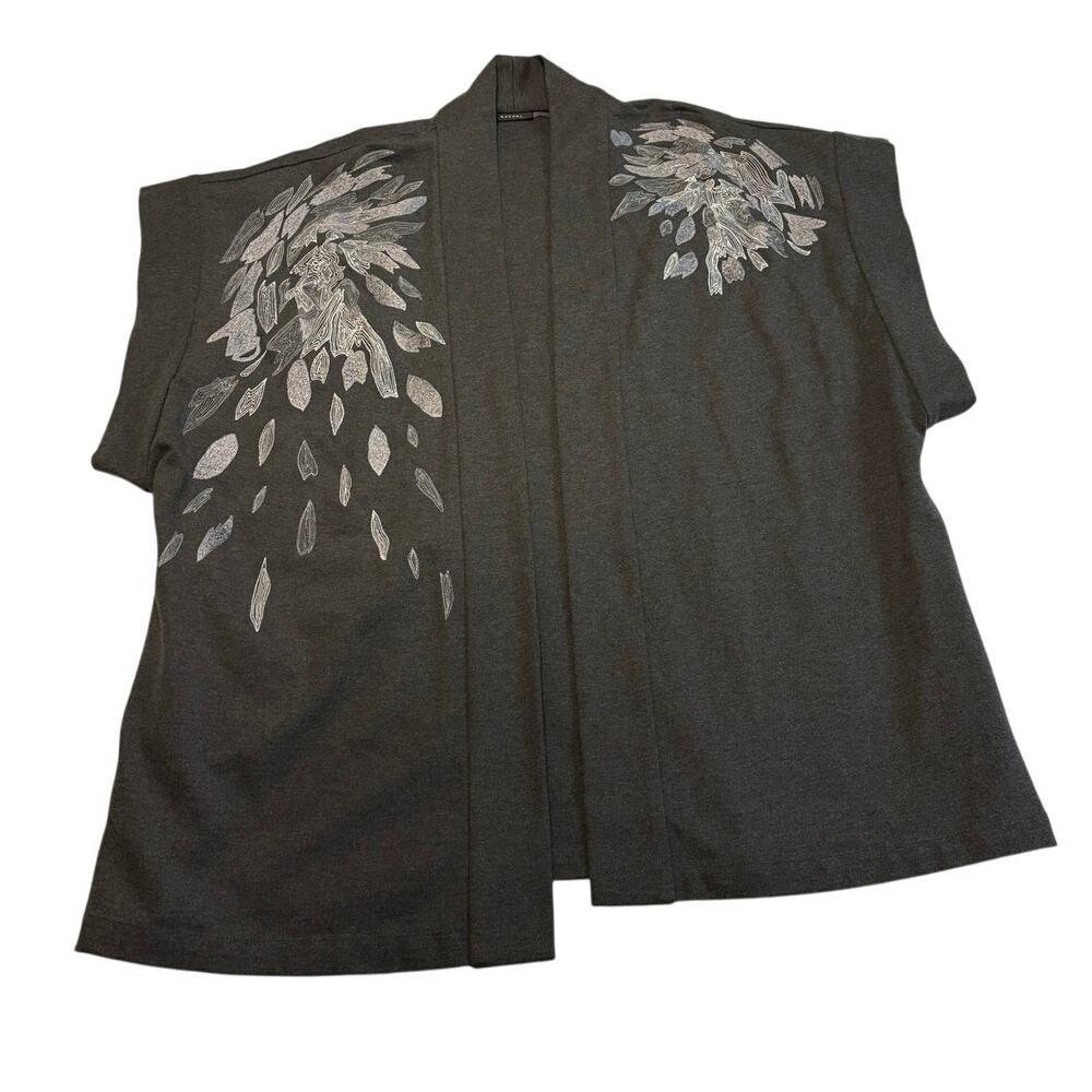 Natori Embroidered Open Front Cardigan Shawl Short Sleeve Oversized Womens Small